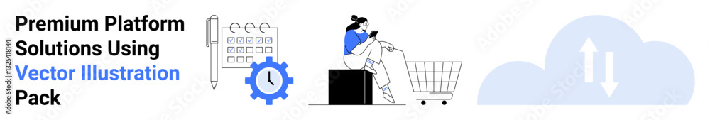 Woman holding a list near shopping cart. Gear icon, clock, task checklist, synchronizing arrows, and cloud symbol. Ideal for e-commerce, tech tools, productivity cloud services time management Woman holding a list near shopping cart. Gear icon, clock, task checklist, synchronizing arrows, and cloud symbol. Ideal for e-commerce, tech tools, productivity cloud services time management