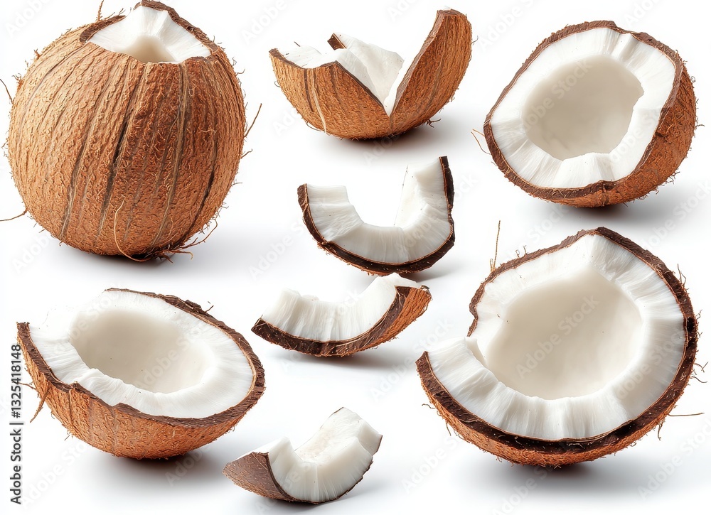 Fresh coconut fruit with cracked shell pieces arranged on a bright background showcasing white flesh in a vibrant and clean setting Fresh coconut fruit with cracked shell pieces arranged on a bright background showcasing white flesh in a vibrant and clean setting