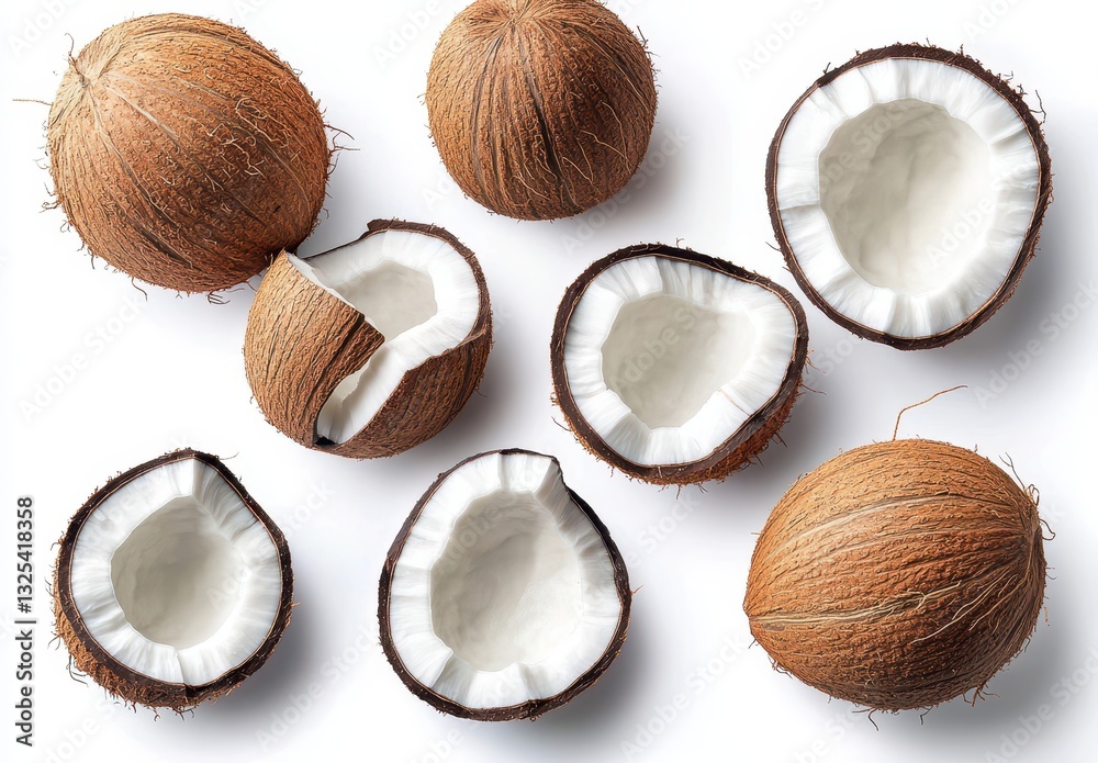 Fresh Coconut Fruits with Brown Fibrous Shells and White Edible Flesh Arranged on a White Background for Culinary and Tropical Themes Fresh Coconut Fruits with Brown Fibrous Shells and White Edible Flesh Arranged on a White Background for Culinary and Tropical Themes