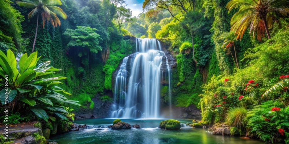 Fototapeta premium A stunning waterfall cascading down lush, tropical jungle surrounded by vibrant greenery and exotic flora , Waterfall