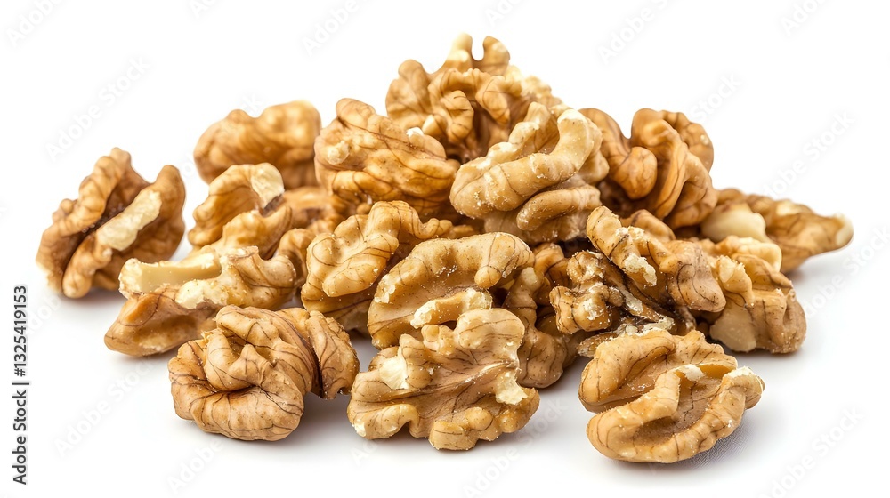 Dried walnut kernels arranged on a white Dried walnut kernels arranged on a white