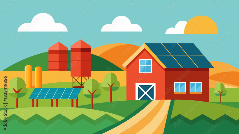 Utilizing renewable energy sources such as solar panels for powering farm operations.. Vector illustration Utilizing renewable energy sources such as solar panels for powering farm operations.. Vector illustration