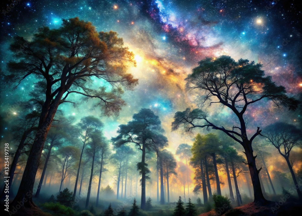 Fototapeta premium Celestial sky embraces a mystical forest; a surreal, dreamlike double exposure landscape.