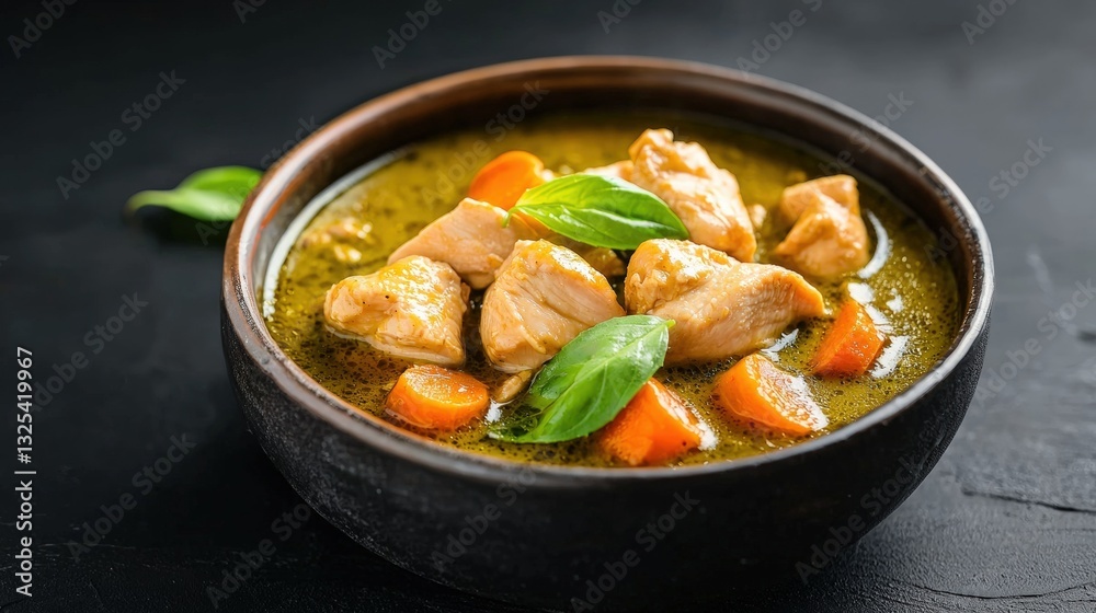 Fragrant thai green curry with tender chicken served in a bowl with fresh ingredients and spices Fragrant thai green curry with tender chicken served in a bowl with fresh ingredients and spices