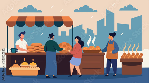 The smell of freshly baked bread wafts through the air but the tables are almost empty as the few buyers quickly make their purchases.. Vector illustration
