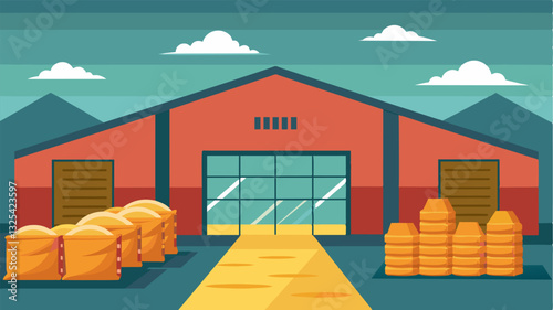 The warehouse once bustling with workers filling sacks with grain now stands still with empty shelves a reflection of the diminishing food supplies.. Vector illustration