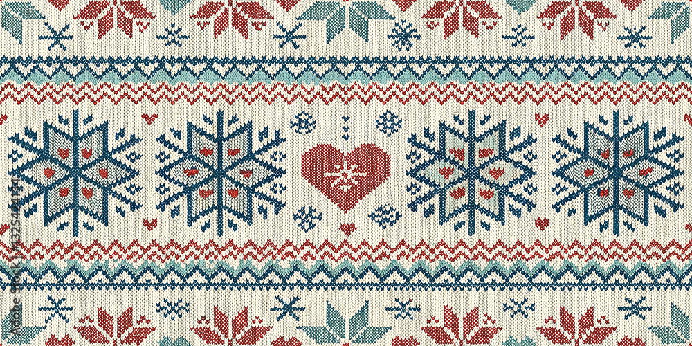 winter Seamless Nordic inspired knitted pattern with geometric snowflakes