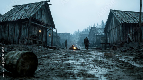 High-End Style Photograph of Lawless Environment with Wood Cabins and Muddy Pathway at Dusk