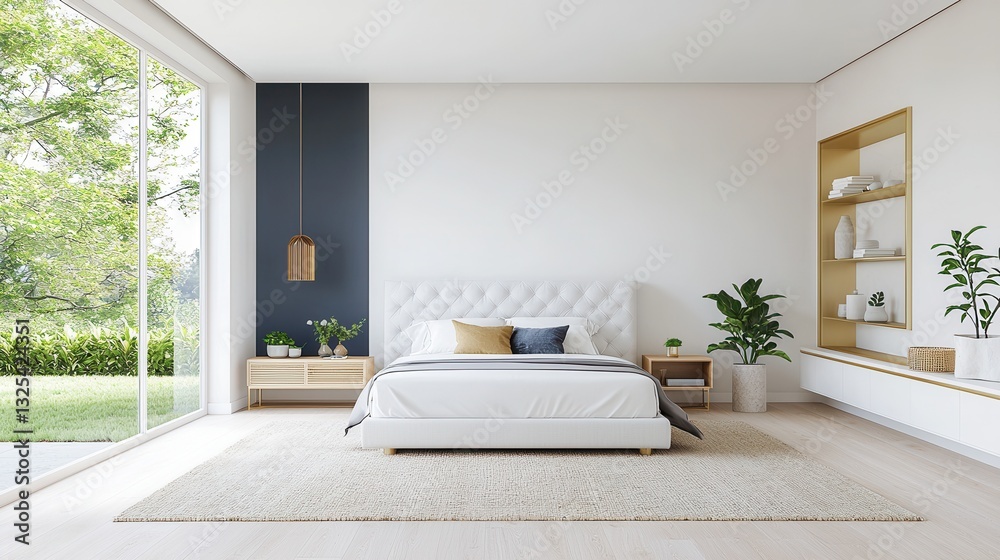 Fototapeta premium A beautifully designed bedroom interior featuring a clean minimalist aesthetic with natural elements and a calming serene ambiance