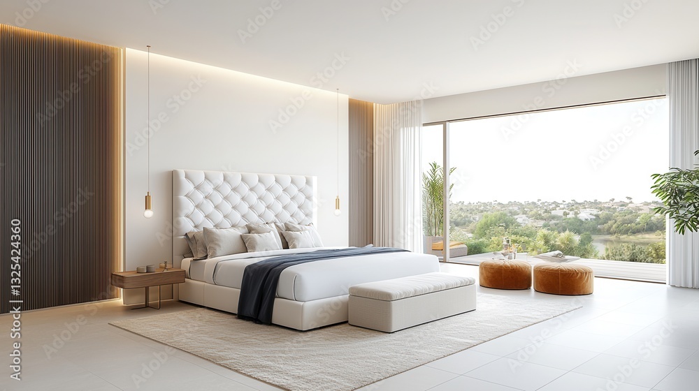 Fototapeta premium This serene and sophisticated bedroom interior features a clean contemporary design with a tufted headboard neutral color palette