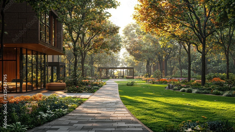 Modern building with autumnal garden path. Modern building with autumnal garden path.