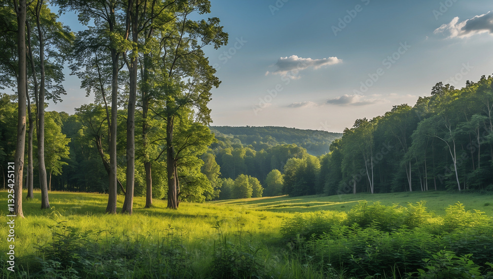 Obraz premium Sunlit Forest with Open Green Meadow