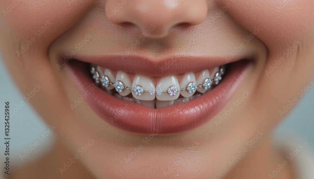 Fototapeta premium Silver teeth, Smiling mouth with braces showing teeth alignment for dental care treatment