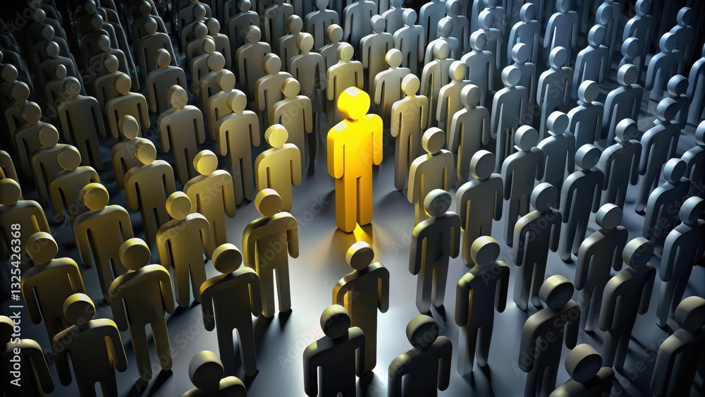 Fototapeta premium Yellow figure standing out in a dark crowd, drawing attention to itself, unique, standout, contrast