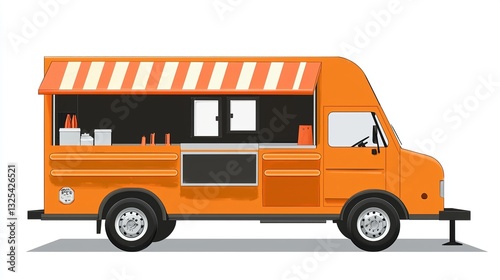 Vector illustration of a food truck with a sign and menu, in an orange color scheme on a white background, using a flat design style with simple shapes and colors.