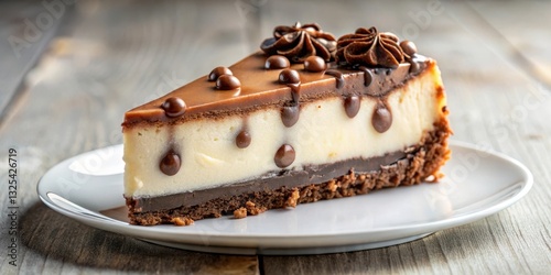Decadent piece of chocolate swirl cheesecake with rich, creamy filling and chocolate chips on top , dessert, indulgent, delicious