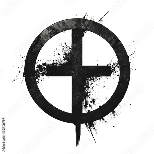 Png of An artistic black cross symbol within a circular outline on transparent background.