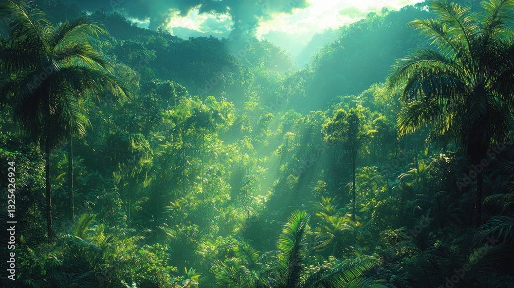 Lush green tropical rainforest with sunlight streaming through canopy. Lush green tropical rainforest with sunlight streaming through canopy.