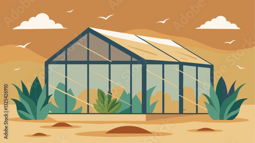 The thick layer of dust on the greenhouse windows due to strong winds and dry conditions obscures the already struggling plants inside highlighting the harsh reality of crop damage. Vector