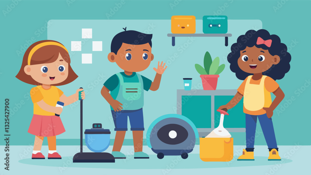 Kids designing an automated cleaning system for the house including robotic vacuum cleaners and selfcleaning litter boxes.. Vector illustration Kids designing an automated cleaning system for the house including robotic vacuum cleaners and selfcleaning litter boxes.. Vector illustration