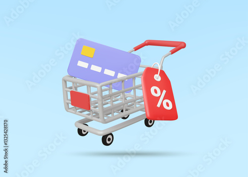3D Vector Illustration Render of Shopping Cart Icon, Credit Card and Discount Sign. Concept of Spending Money in Shopping to Get Discount and Special Privileges. Shopping, Payment.