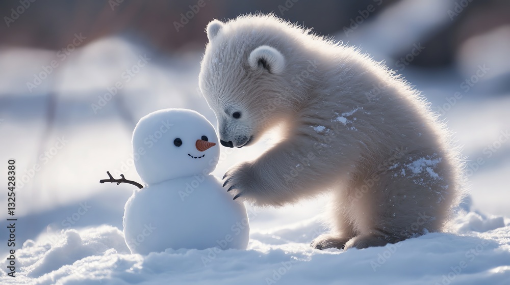 Obraz premium A playful polar bear cub interacts with a snowman in a snowy landscape, capturing a moment of innocence and joy in winter.