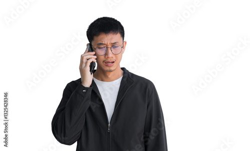Young Asian man in his 20s wear glasses and wearing a black coat is talking on the phone with a serious expression standing isolated on a white background. Long-distance communication concept.
