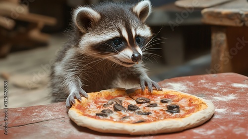 A curious raccoon inspects a freshly made pizza on a wooden table, showcasing its playful nature and love for food.