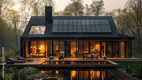 Modern black house with solar panels, pool, and deck at dusk.