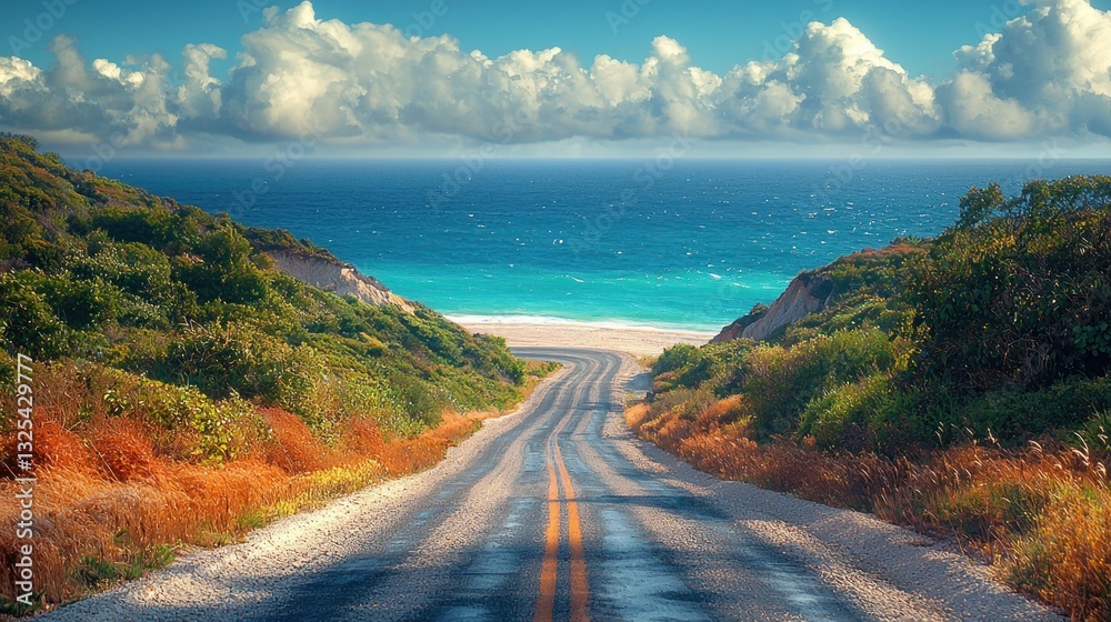 Obraz premium Scenic coastal highway descends to secluded beach.