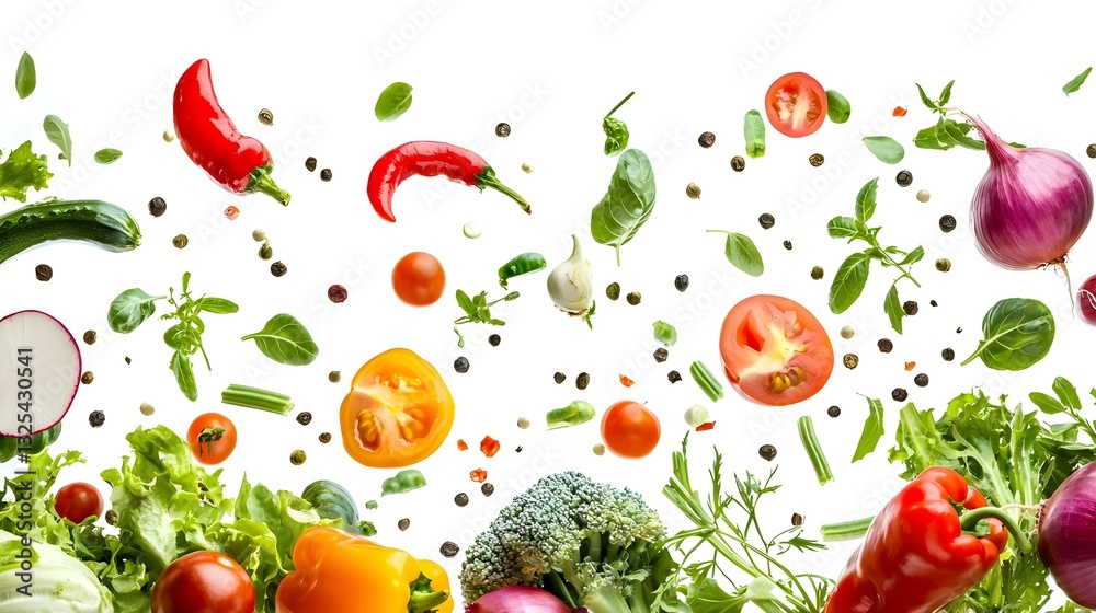 Many different fresh vegetables falling on white Many different fresh vegetables falling on white