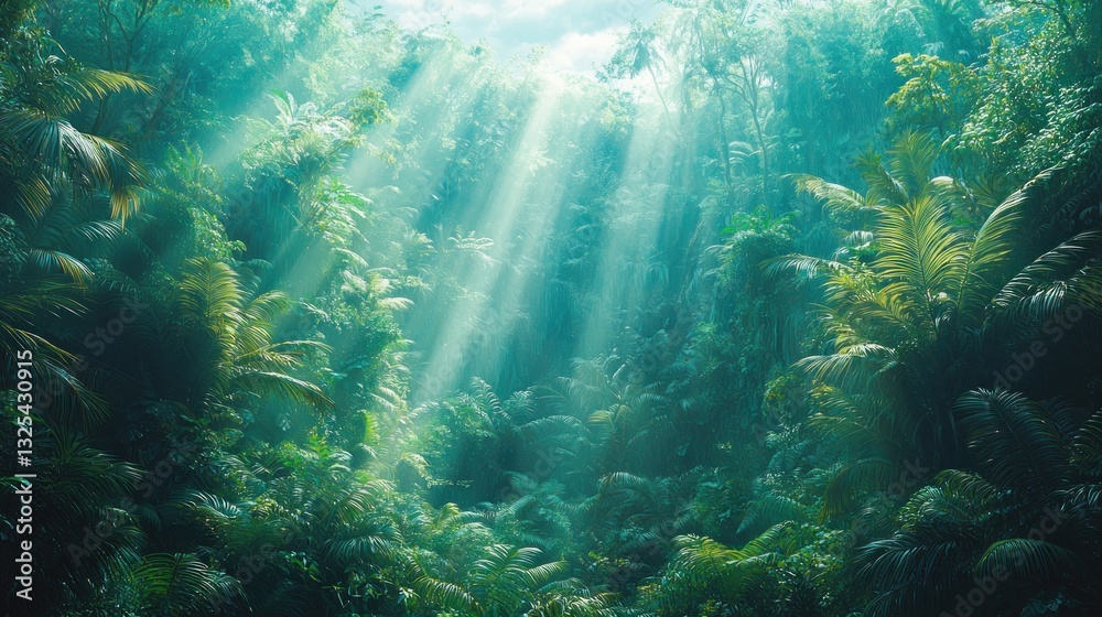 Fototapeta premium Sunbeams illuminating lush, green rainforest.
