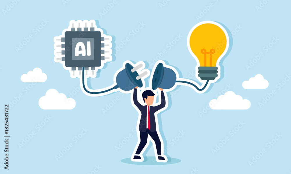 A businessman holds two power plugs connected to an AI chip and a light bulb, illustration of the importance of ideas and innovation for AI development A businessman holds two power plugs connected to an AI chip and a light bulb, illustration of the importance of ideas and innovation for AI development