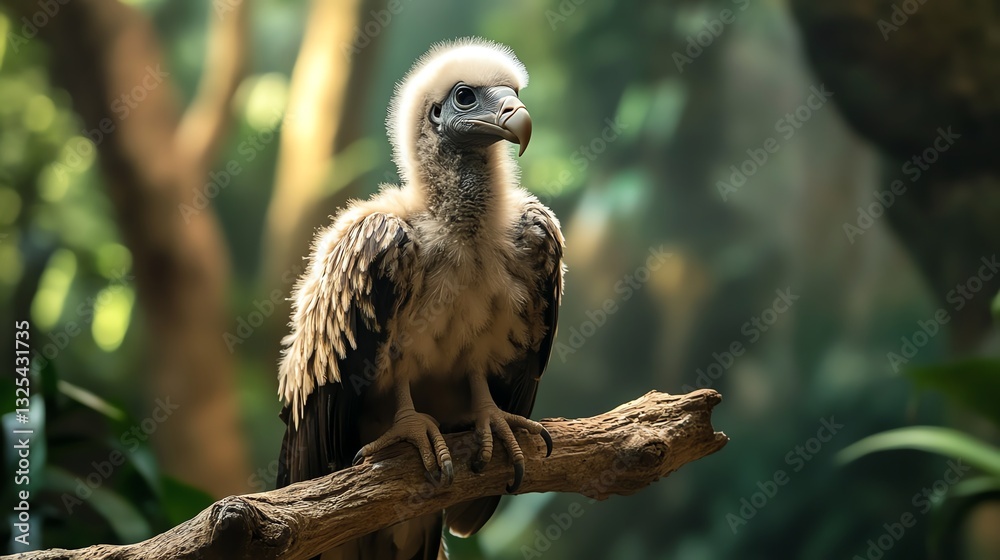 A young vulture sits on a branch, surrounded by a lush, green environment, showcasing its fluffy feathers and curious expression. A young vulture sits on a branch, surrounded by a lush, green environment, showcasing its fluffy feathers and curious expression.