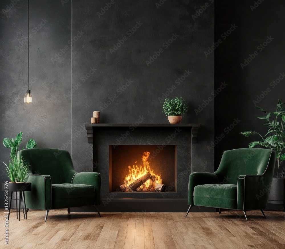 Fototapeta premium Cozy living room with fireplace, green velvet armchairs, and dark wall.