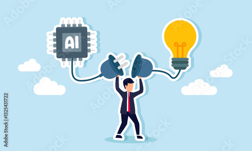 A businessman holds two power plugs connected to an AI chip and a light bulb, illustration of the importance of ideas and innovation for AI development