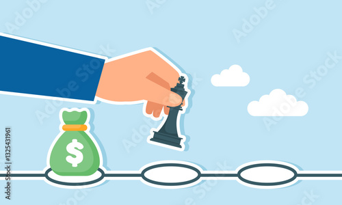 A hand moves the king chess piece to the next step, leaving a money bag on the previous step, illustration of a new chapter to gain profit in another business sector