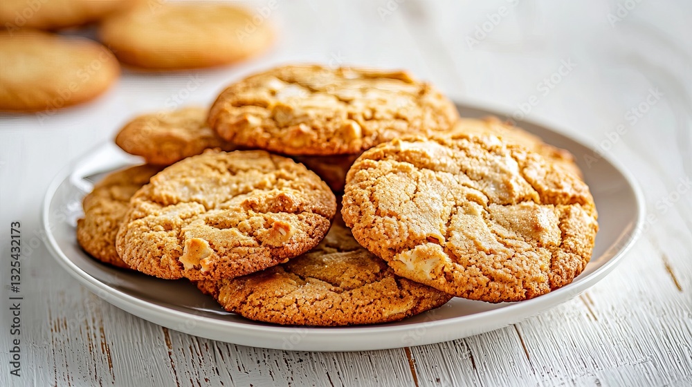 Golden brown cookies piled on a white plate, showcasing a delicious homemade treat. Golden brown cookies piled on a white plate, showcasing a delicious homemade treat.