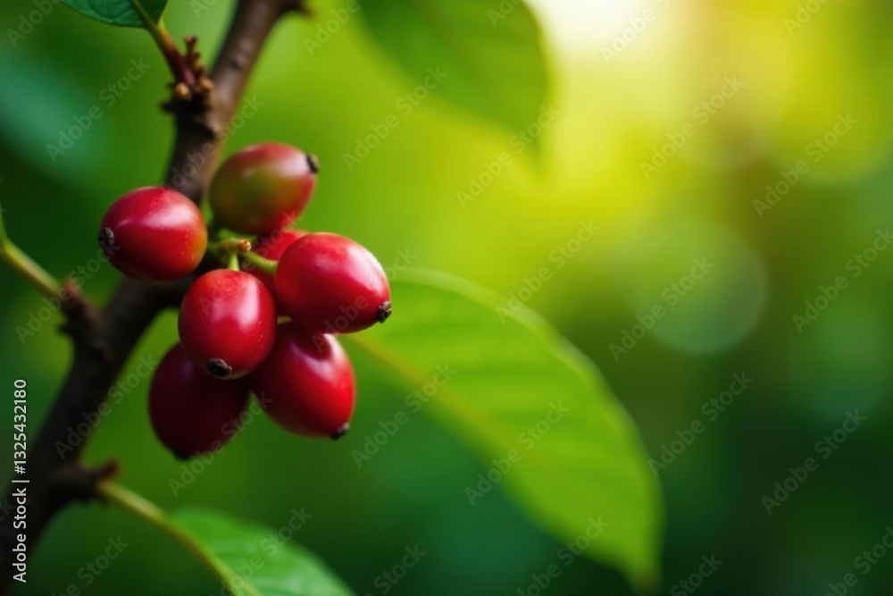Obraz premium Ripe coffee cherries on exuberant coffee tree, harvest, ripe