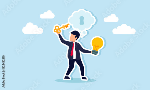 A businessman carries a light bulb and a key to insert into a keyhole in a cloud of imagination, illustration of business solutions use creative think about ideas and innovation