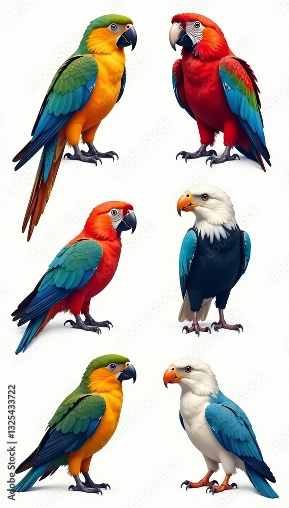 Obraz premium Birds icon set including various species such as parrots, eagles, and sparrows, species, sparrow, vector