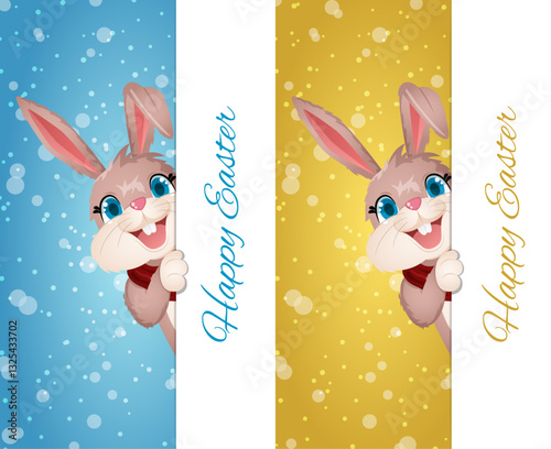 Cute Happy Easter Greetings in Gold & Blue Bokeh Backdrop Variations with Bunny Peeking Out.