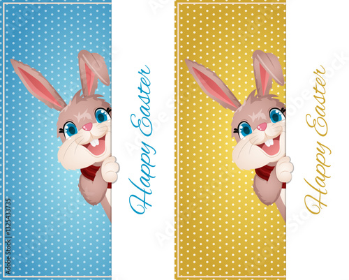 Happy Easter Greeting Vertical Labels in Blue & Gold Polka Dots Background with Cute Easter Bunny Peeking from Behind.
