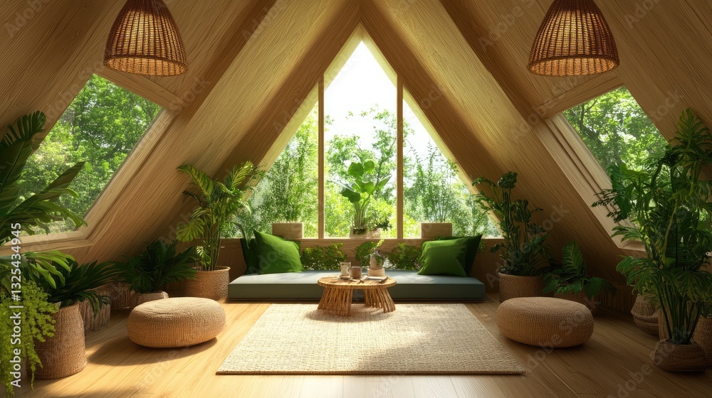 Fototapeta premium A cozy attic space transformed into a green-themed relaxation area.