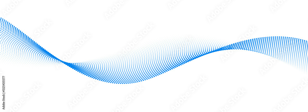 Fototapeta premium Dotted wave line pattern. Blue halftone undulate net background. Abstract stipple flowing particle wallpaper. Curved dashed gradient element for poser, banner, presentation, booklet, flyer. Vector