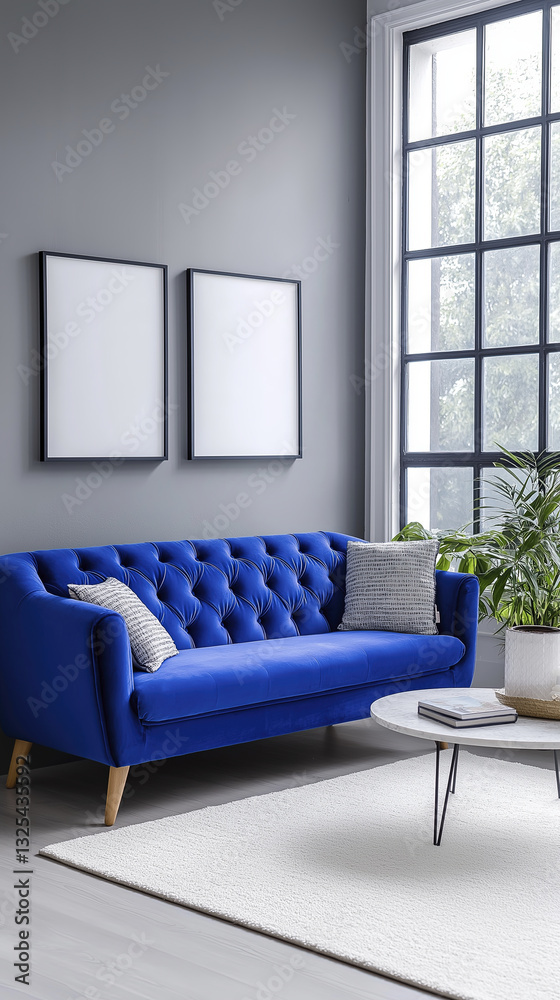 Fototapeta premium bright living room featuring royal blue sofa, modern decor, and natural light. space exudes cozy and inviting atmosphere