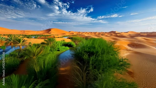 Majestic desert oasis transformation with lush greenery and serene riverflow