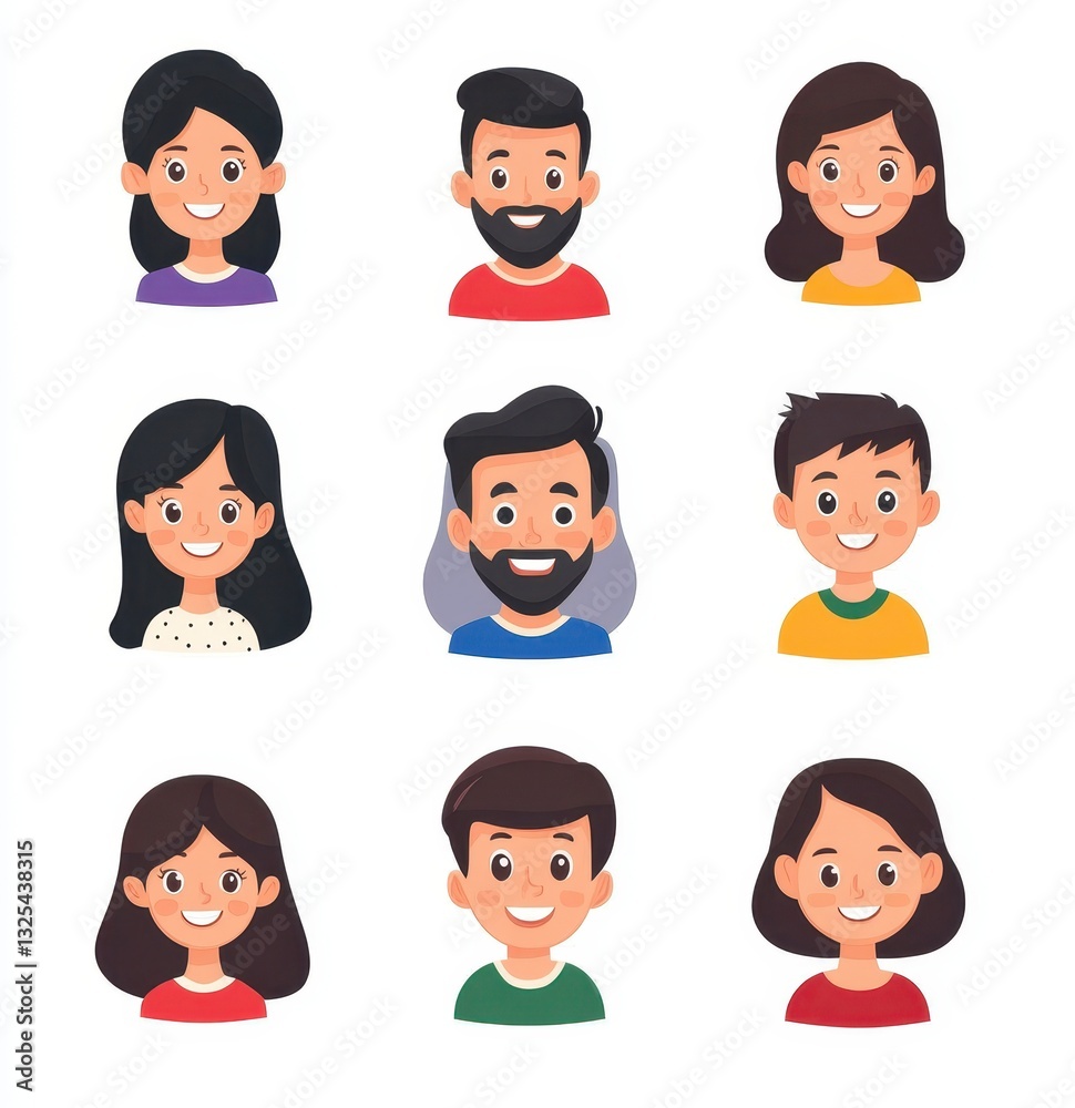 Diverse Group of Smiling Cartoon Characters in a Grid Layout Diverse Group of Smiling Cartoon Characters in a Grid Layout
