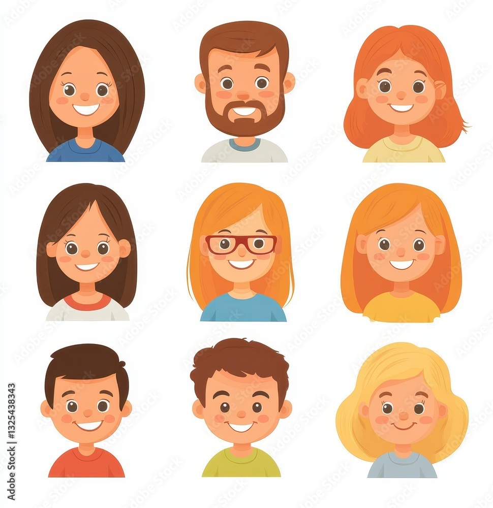 Diverse Cartoon Characters with Smiling Faces in Nine Grid Format Diverse Cartoon Characters with Smiling Faces in Nine Grid Format
