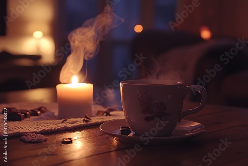 Cozy Intimate Moment with Steaming Cup of Coffee and Flickering Candle on Wooden Table photo